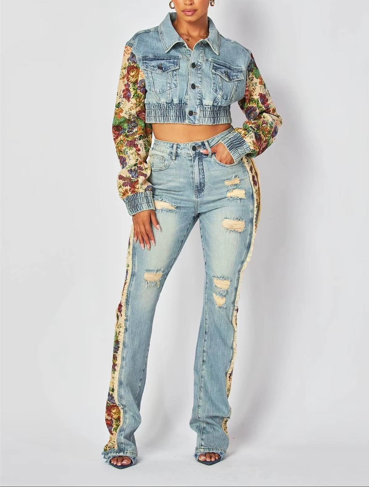 BOLD BLOOM DENIM TWO PIECE SET