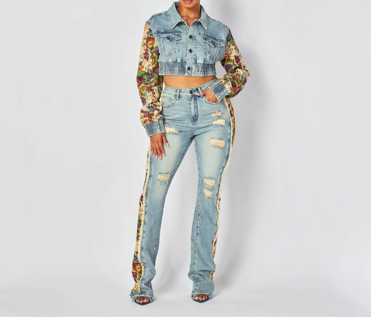 BOLD BLOOM DENIM TWO PIECE SET