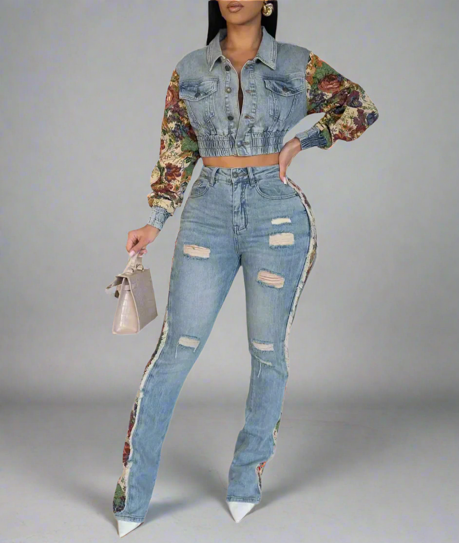 BOLD BLOOM DENIM TWO PIECE SET