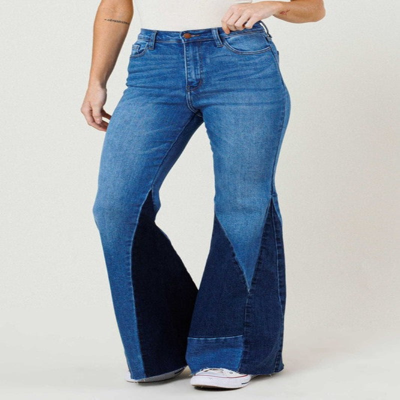 Color Block Side Slit Flare Jeans - MAYPurpleCollection