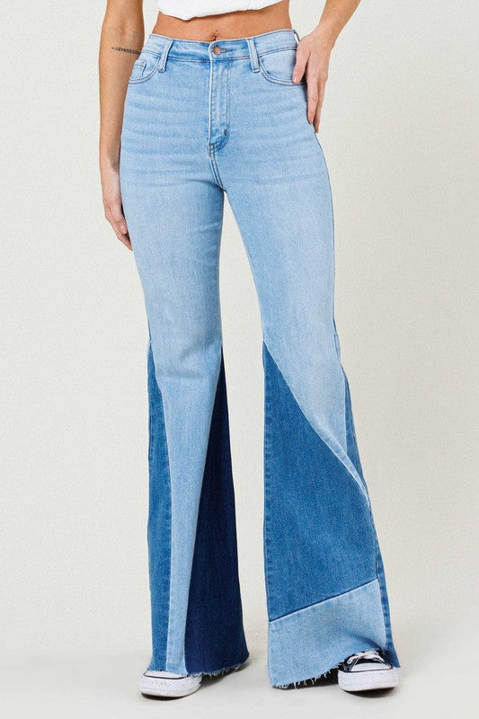 Color Block Side Slit Flare Jeans - MAYPurpleCollection