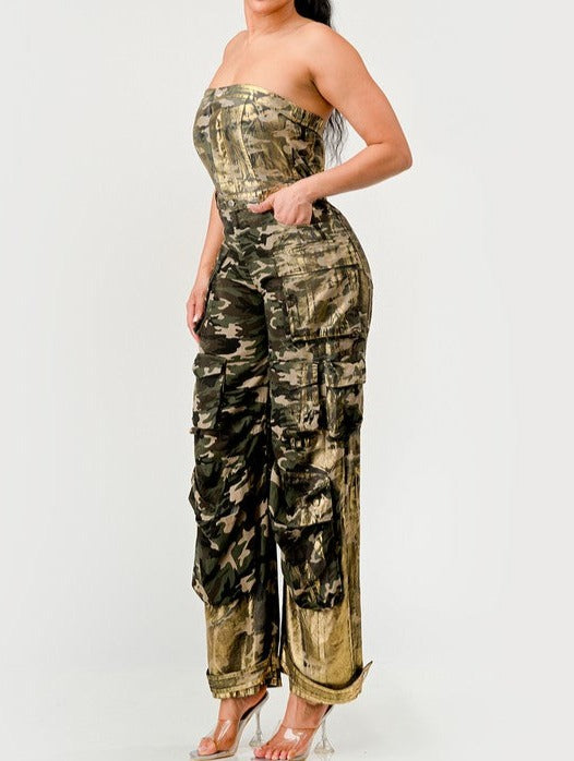 Camo Gold Strapless Cargo Jumpsuit - MAYPurpleCollection