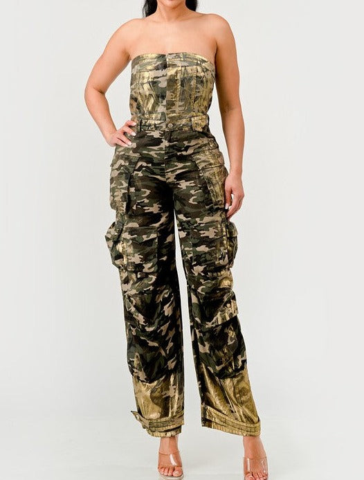 Camo Gold Strapless Cargo Jumpsuit - MAYPurpleCollection