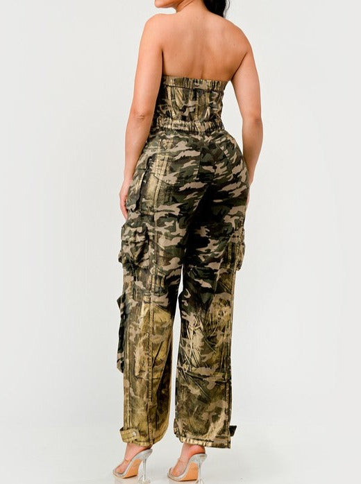 Camo Gold Strapless Cargo Jumpsuit - MAYPurpleCollection