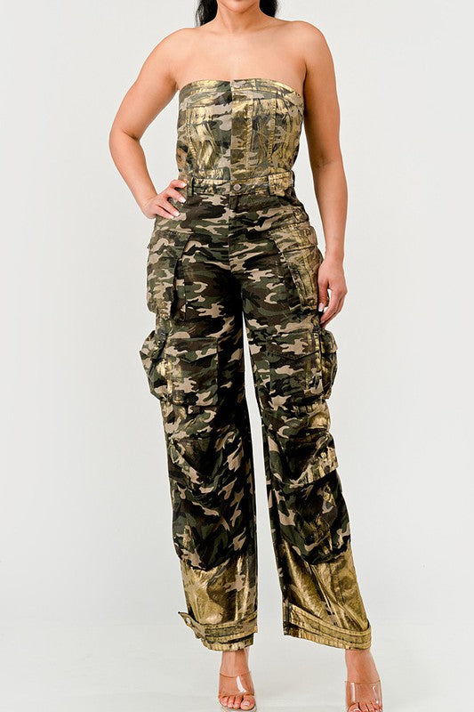 Camo Gold Strapless Cargo Jumpsuit - MAYPurpleCollection