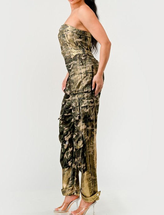 Camo Gold Strapless Cargo Jumpsuit - MAYPurpleCollection