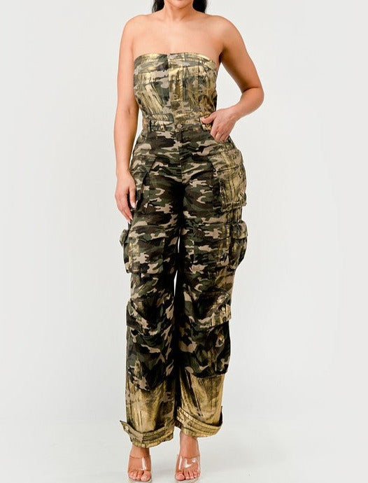 Camo Gold Strapless Cargo Jumpsuit - MAYPurpleCollection