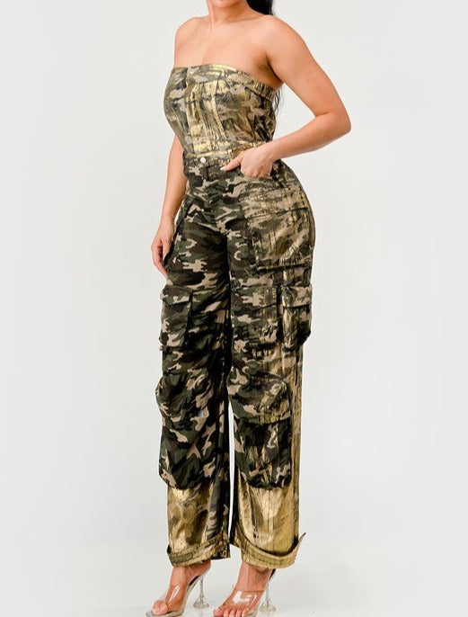 Camo Gold Strapless Cargo Jumpsuit - MAYPurpleCollection