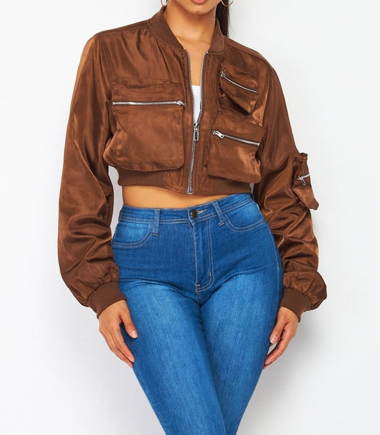 On The Clock Cropped Bomber Jacket-BROWN - MAYPurpleCollection