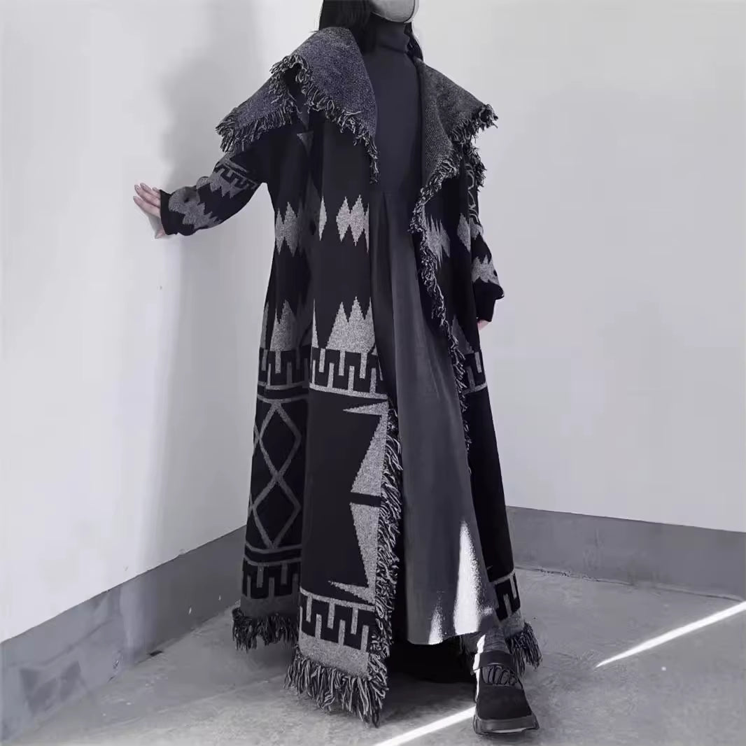 [] Vintage Big Turn-Down Collar Tassel Design Long Knit Cardigan Loose Fashion Women Winter Sweater Coat 2024 Autumn 16O2612