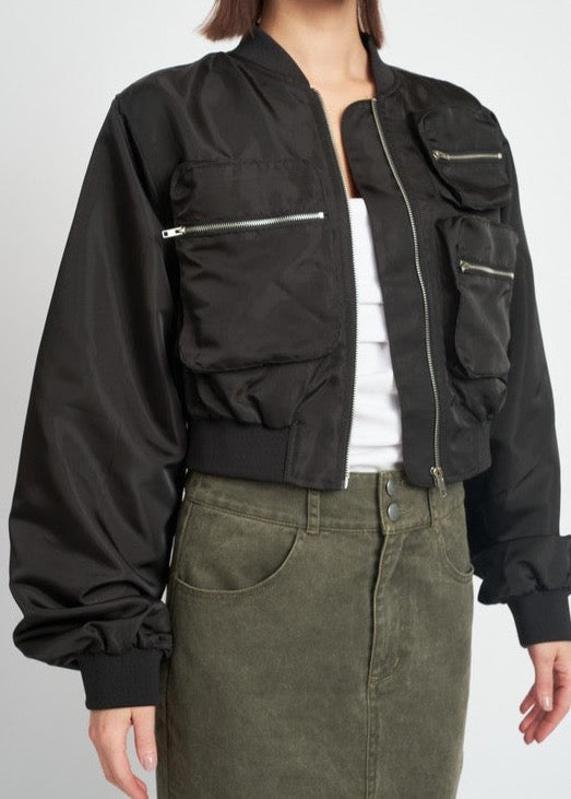 On The Clock Cropped Bomber Jacket-BLACK - MAYPurpleCollection