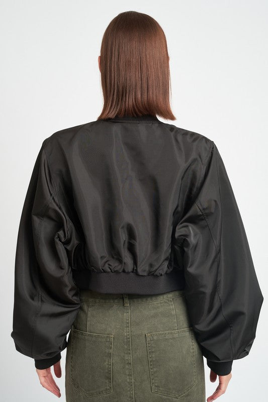 On The Clock Cropped Bomber Jacket-BLACK - MAYPurpleCollection