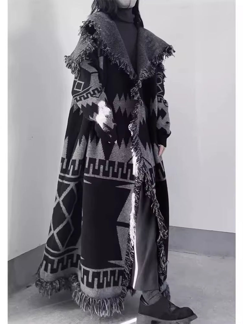 [] Vintage Big Turn-Down Collar Tassel Design Long Knit Cardigan Loose Fashion Women Winter Sweater Coat 2024 Autumn 16O2612