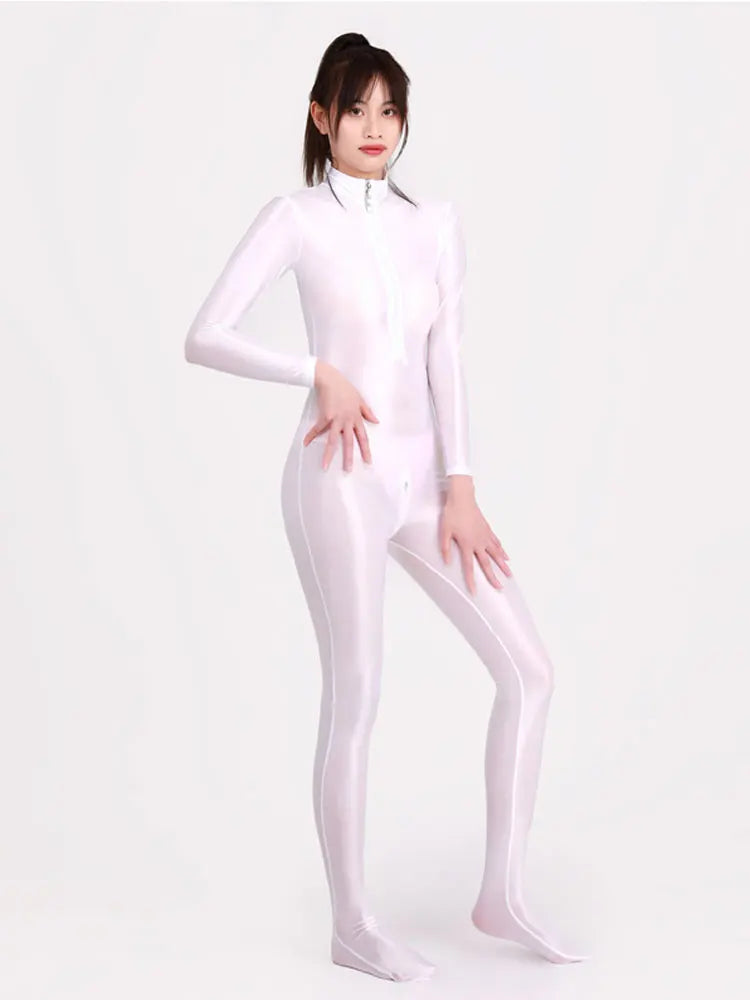 Women Oily Glossy Long Sleeve Elastic Bodysuit Bodycon Rompers One-piece Swimsuit Silky Tights Satin Pantyhose Jumpsuits Thong - MAYPurpleCollection