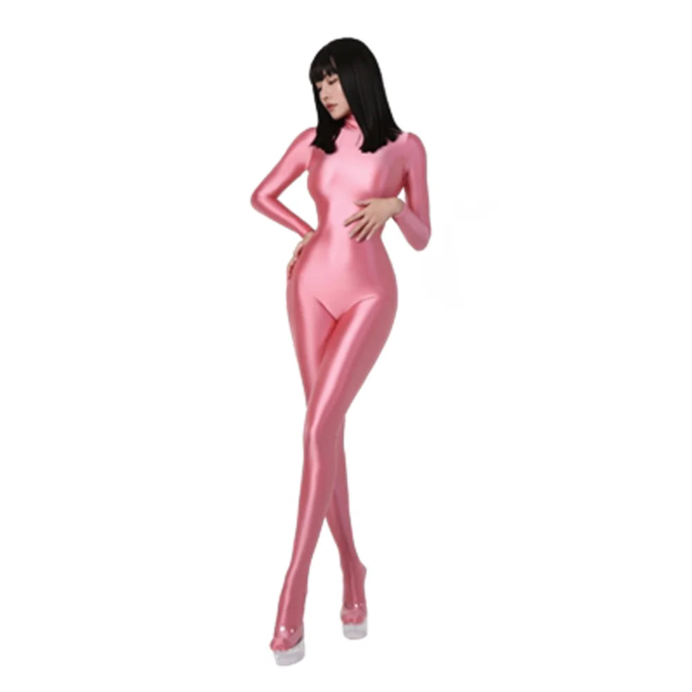 Women Oily Glossy Long Sleeve Elastic Bodysuit Bodycon Rompers One-piece Swimsuit Silky Tights Satin Pantyhose Jumpsuits Thong - MAYPurpleCollection