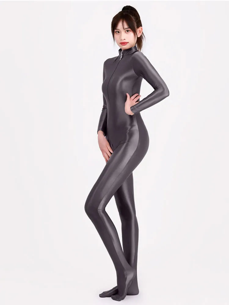 Women Oily Glossy Long Sleeve Elastic Bodysuit Bodycon Rompers One-piece Swimsuit Silky Tights Satin Pantyhose Jumpsuits Thong - MAYPurpleCollection