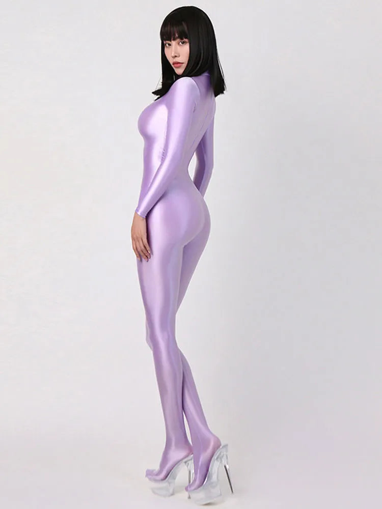 Women Oily Glossy Long Sleeve Elastic Bodysuit Bodycon Rompers One-piece Swimsuit Silky Tights Satin Pantyhose Jumpsuits Thong - MAYPurpleCollection