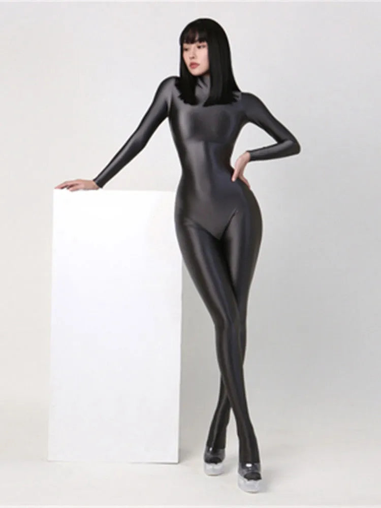 Women Oily Glossy Long Sleeve Elastic Bodysuit Bodycon Rompers One-piece Swimsuit Silky Tights Satin Pantyhose Jumpsuits Thong - MAYPurpleCollection