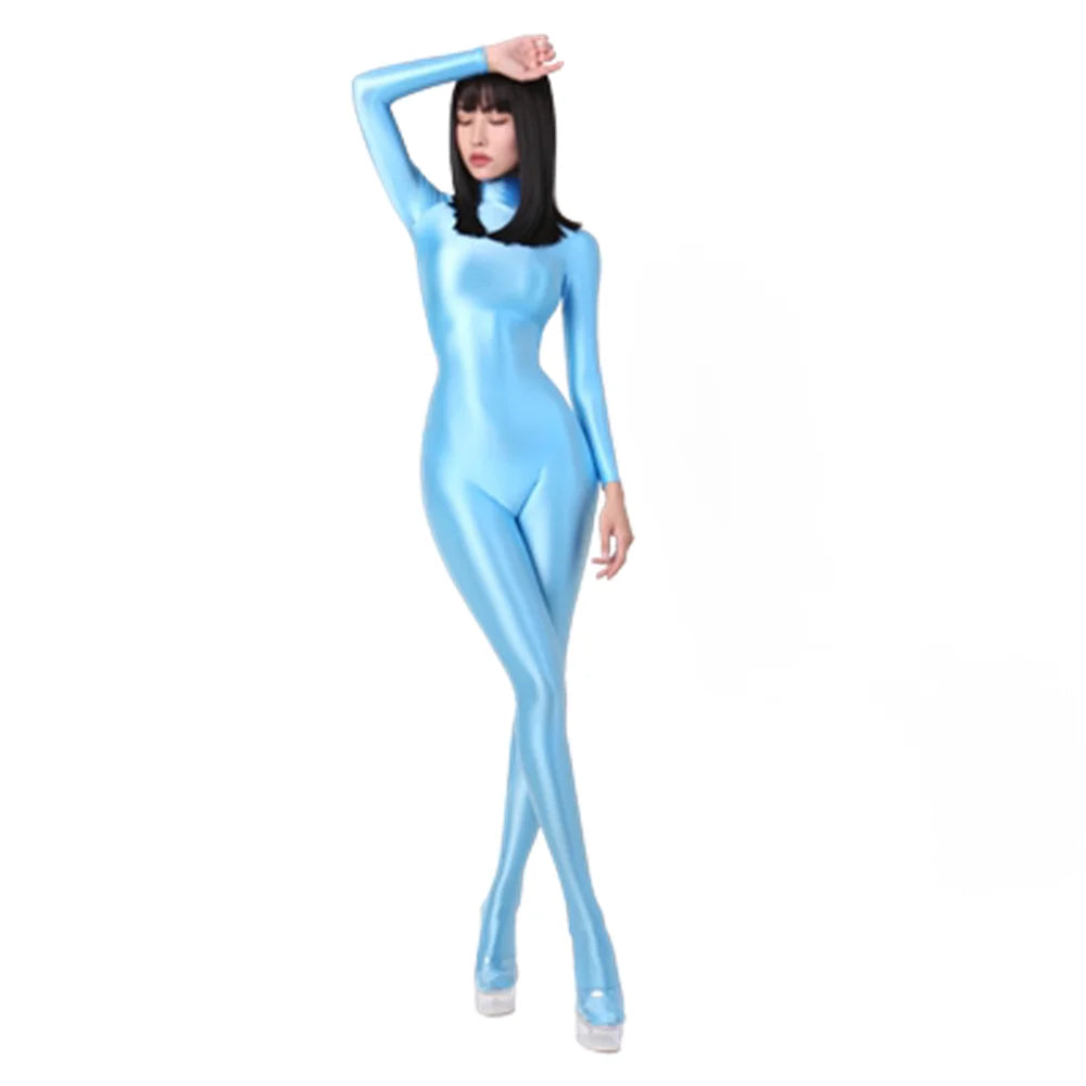 Women Oily Glossy Long Sleeve Elastic Bodysuit Bodycon Rompers One-piece Swimsuit Silky Tights Satin Pantyhose Jumpsuits Thong - MAYPurpleCollection